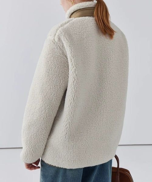 Women's Teddy Coat with High Collar and Zip Pocket - 4