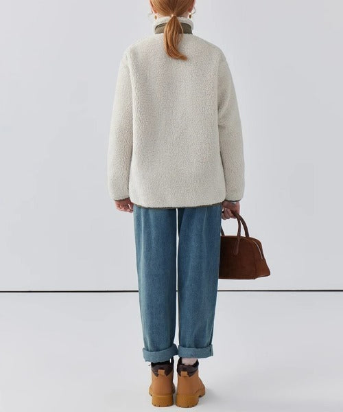Women's Teddy Coat with High Collar and Zip Pocket - 5