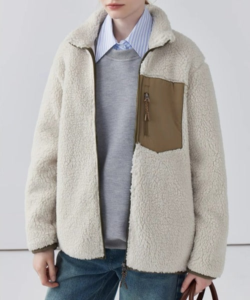 Women's Teddy Coat with High Collar and Zip Pocket - 3