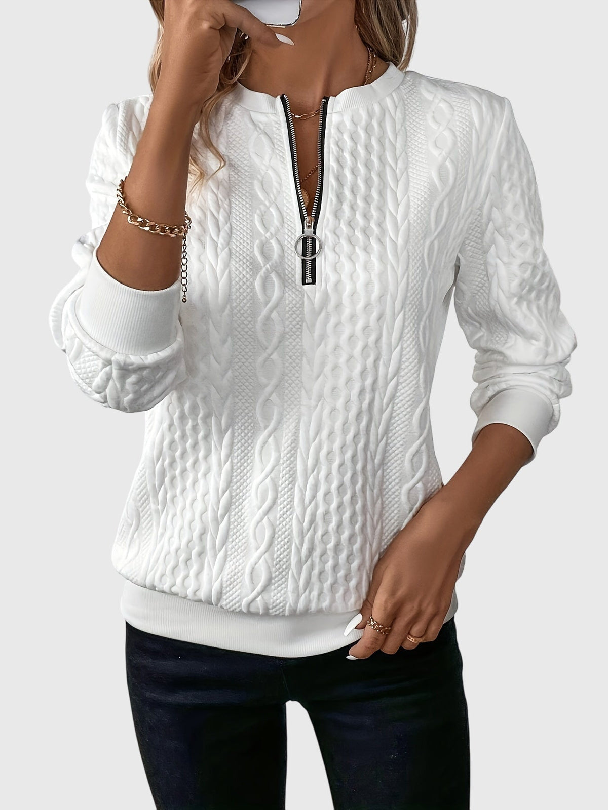Women's Jumper with Zip Detail and Cable Knit Texture - White Black Zipper
