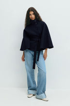 Women's Cape Coat with High Collar and Bow Belt - 7