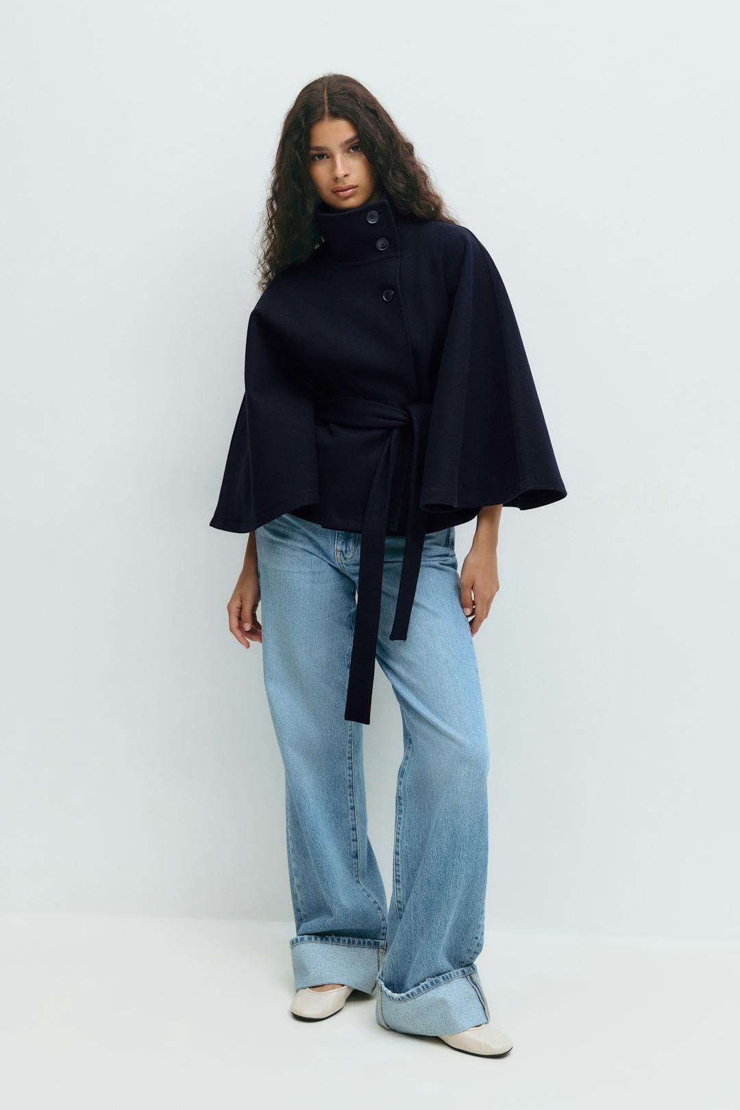 Women's Cape Coat with High Collar and Bow Belt - 7