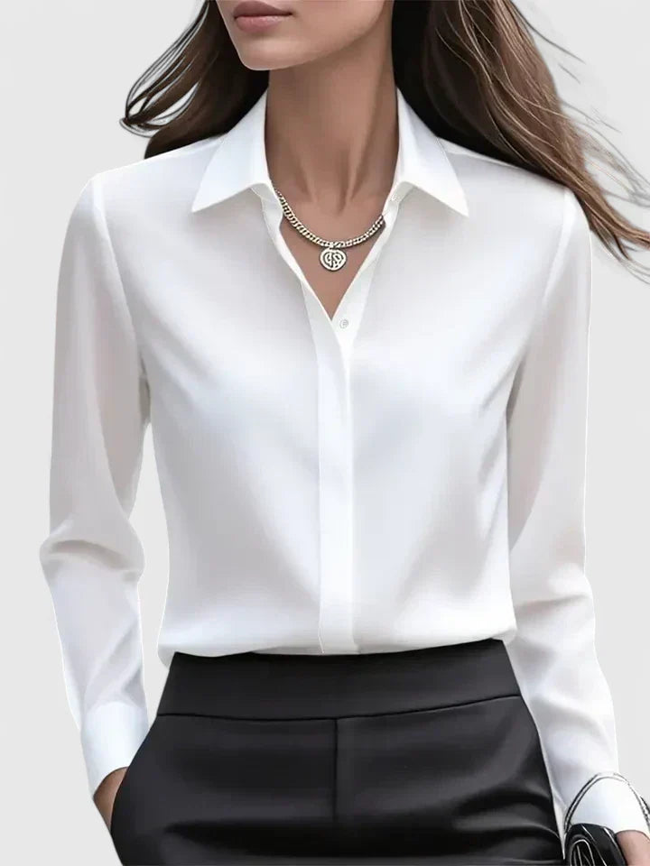 Women's Long Sleeve Shirt with Collar and Curved Hem - White
