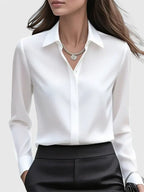 Women's Long Sleeve Shirt with Collar and Curved Hem - White