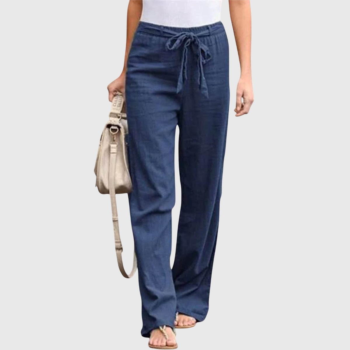 Women's Trousers Wide Leg with Tie-Waist - Dark Blue