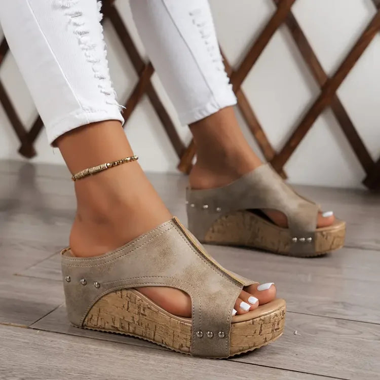 Women's Wedge Slide Sandals with Open Toe and Stud Detailing - Beige