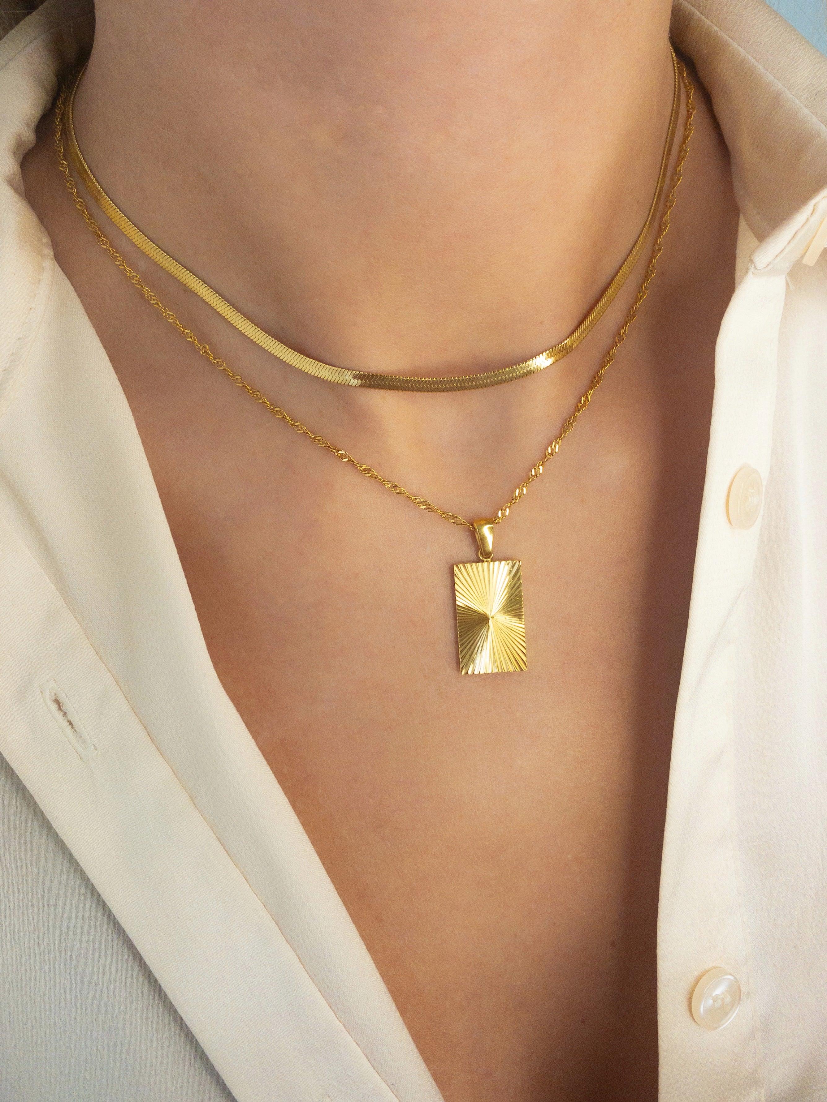 Rectangle Charm Necklace with Sunburst Pendant - 5