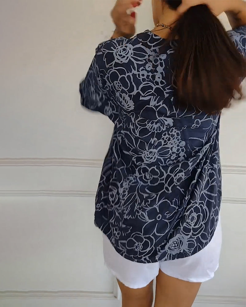 Women's Floral Print Blouse with Roll-Up Sleeves and V-Neck - 6