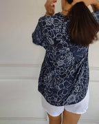 Women's Floral Print Blouse with Roll-Up Sleeves and V-Neck - 6