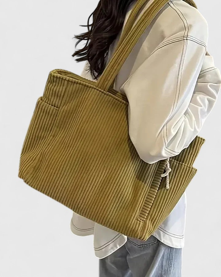 Women's Tote Bag with Ribbed Texture and Side Pockets - 7