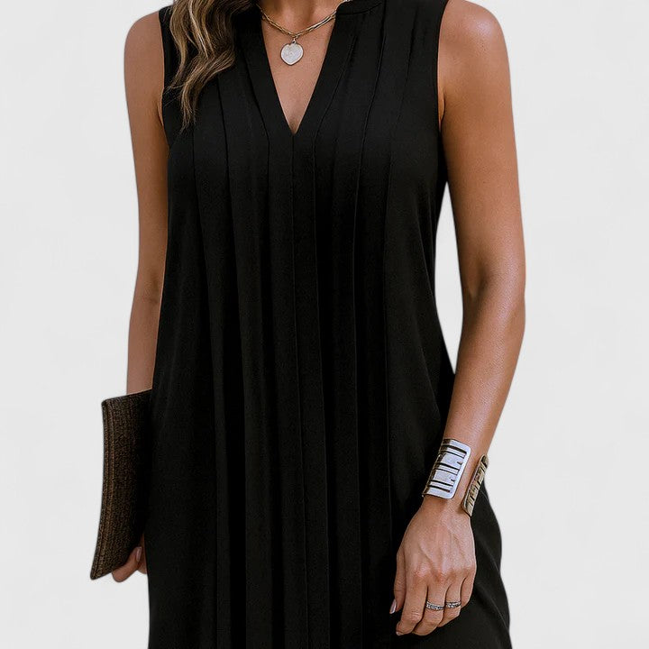 Women's Sleeveless Dress with V-Neck and Pleated Detail - 3