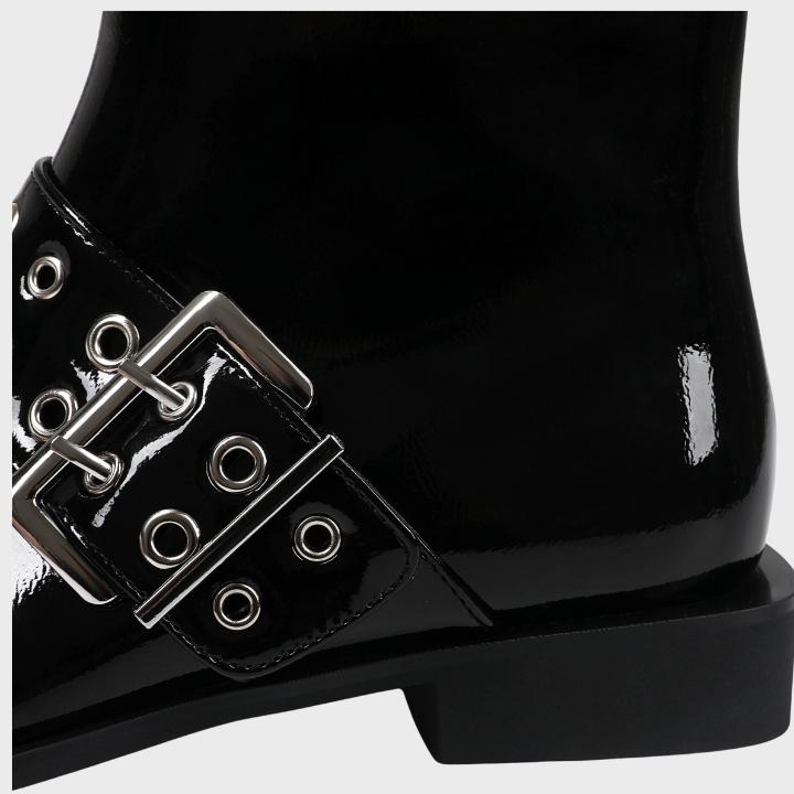 Women's Chunky Mid-Heel Zipper Biker Boots with Buckle Detail - 9