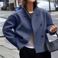 Women's Long Sleeve Stand Collar Coat with Double-Breasted Buttons - Blue