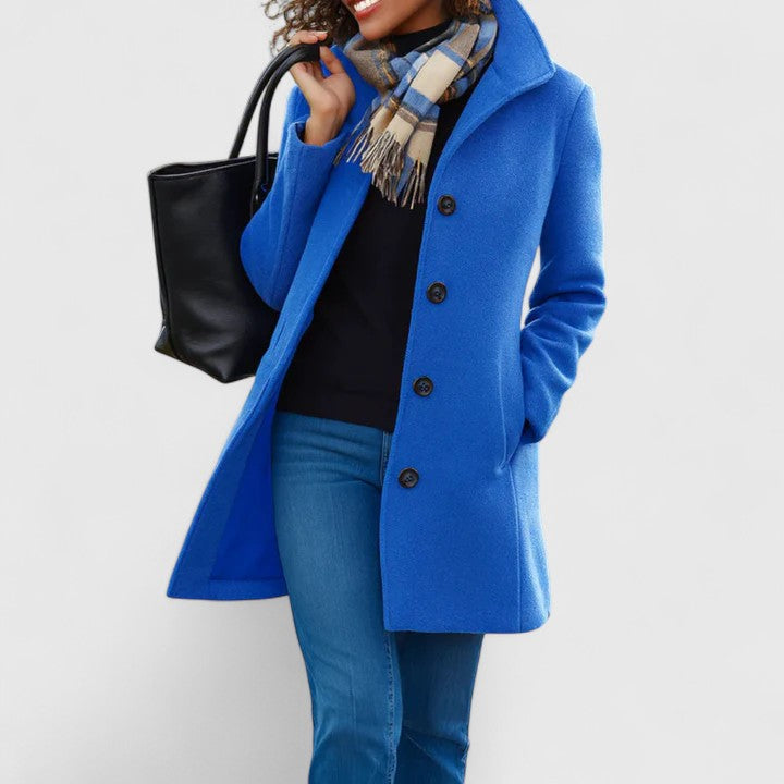 Women's Coat Single-Breasted with Notched Collar and Button Front - Blue