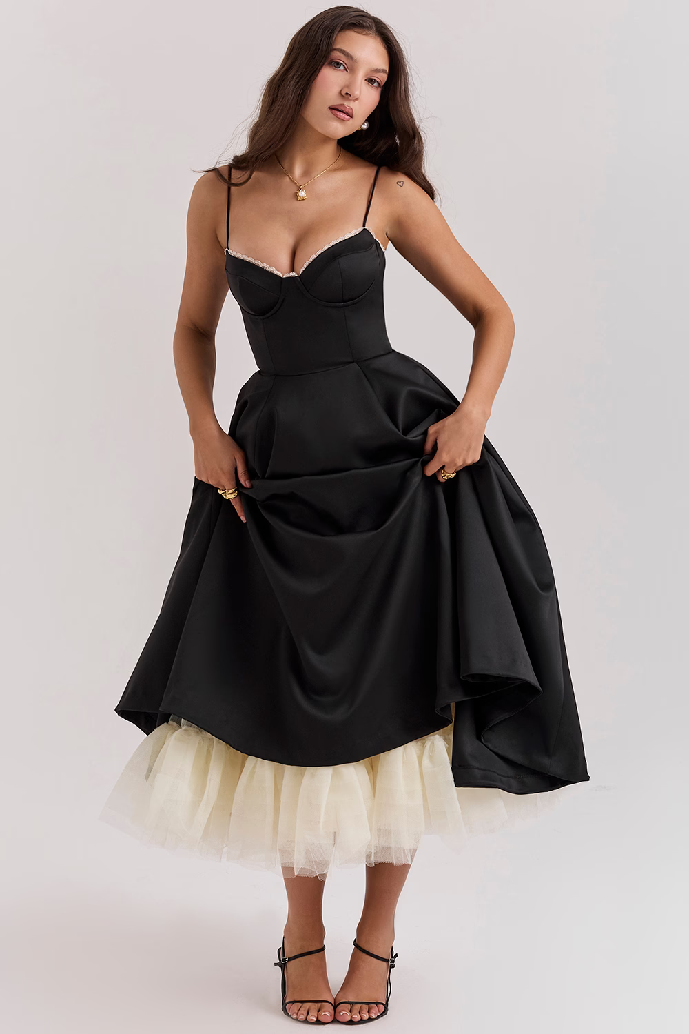 Women's Corset Midi Dress with A-Line Skirt and Sweetheart Neckline - 13