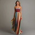 Women's Strapless Maxi Dress with Pleated Striped Design - 2