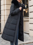 Women's Long Padded Coat with Faux Fur Trim Hood - 12