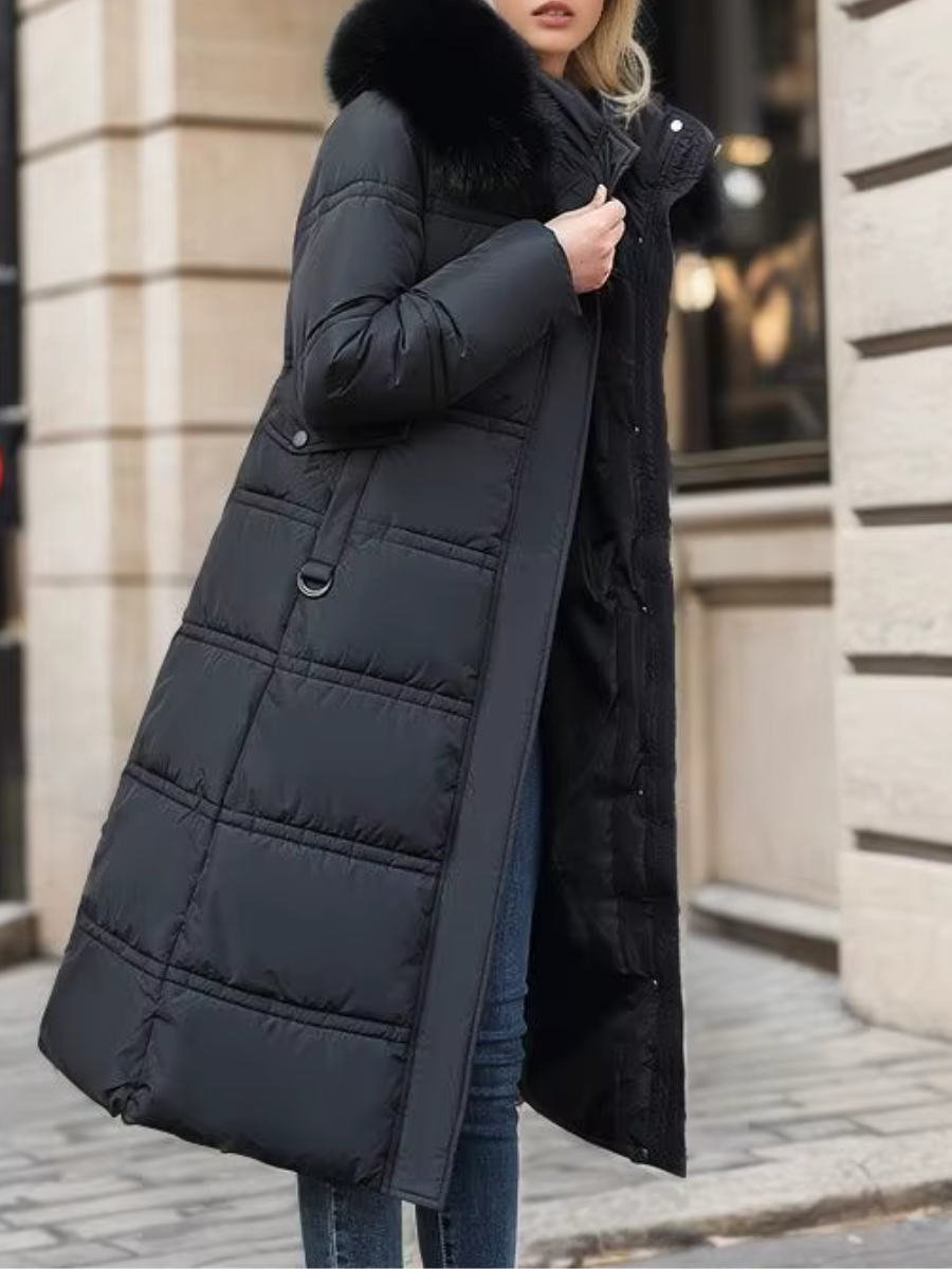 Women's Long Padded Coat with Faux Fur Trim Hood - 12