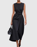 Women's Sleeveless Round Neck Dress with Waist Pleats and Side Slit - Black
