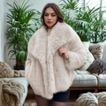 Corrine - Classy Long Sleeve Collared Fuzzy Coat - Beige