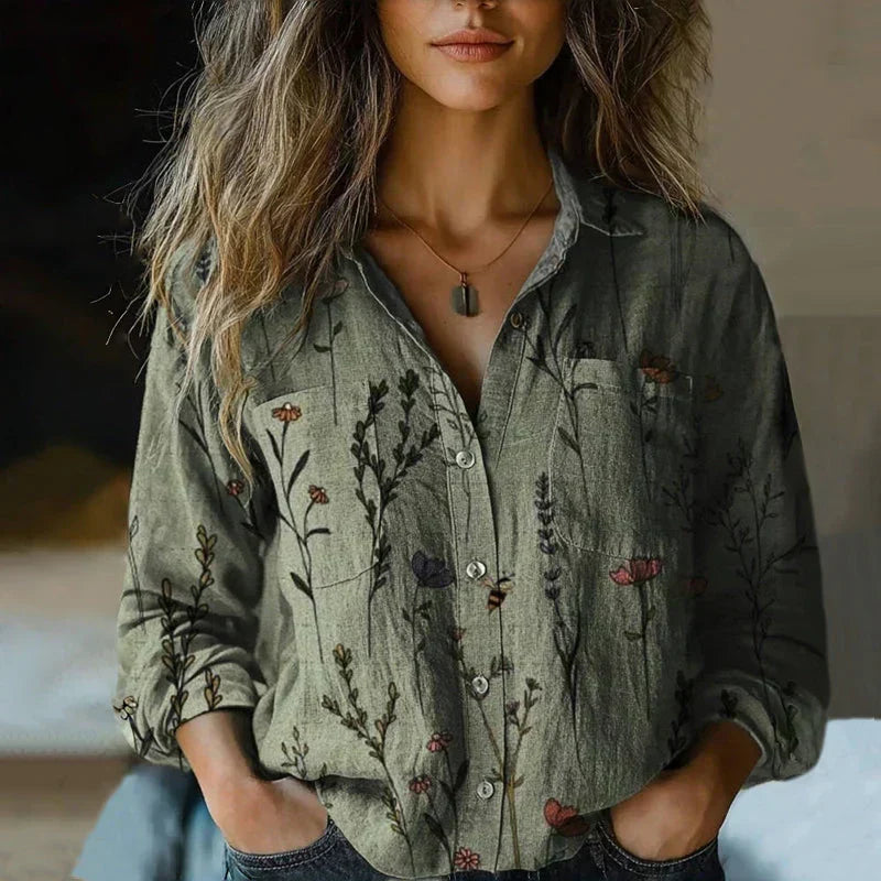 Women's Blouse Long Sleeve with Paisley Print and Collar - Green