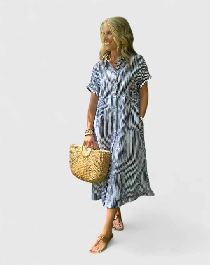 Women's Striped Shirt Dress Short Sleeve Button-Front Midi - 2