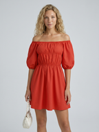 Women's Off-Shoulder Mini Dress with Puff Sleeves and A-Line Silhouette - 2