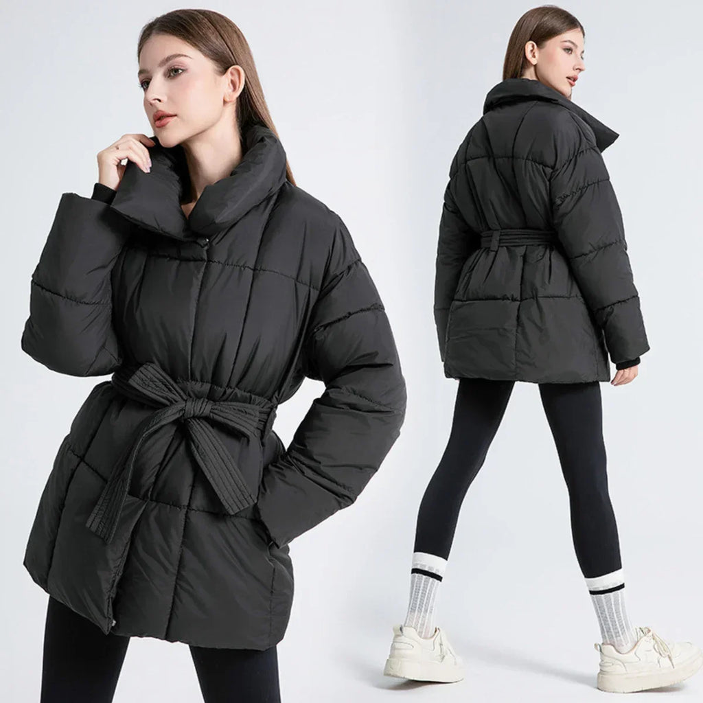 Women's Padded Coat with Belted Waist and Wide Collar - 9