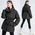 Women's Padded Coat with Belted Waist and Wide Collar - 9