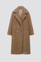 Women's Longline Teddy Coat with Wide Lapel and Double-Button Front - Brown