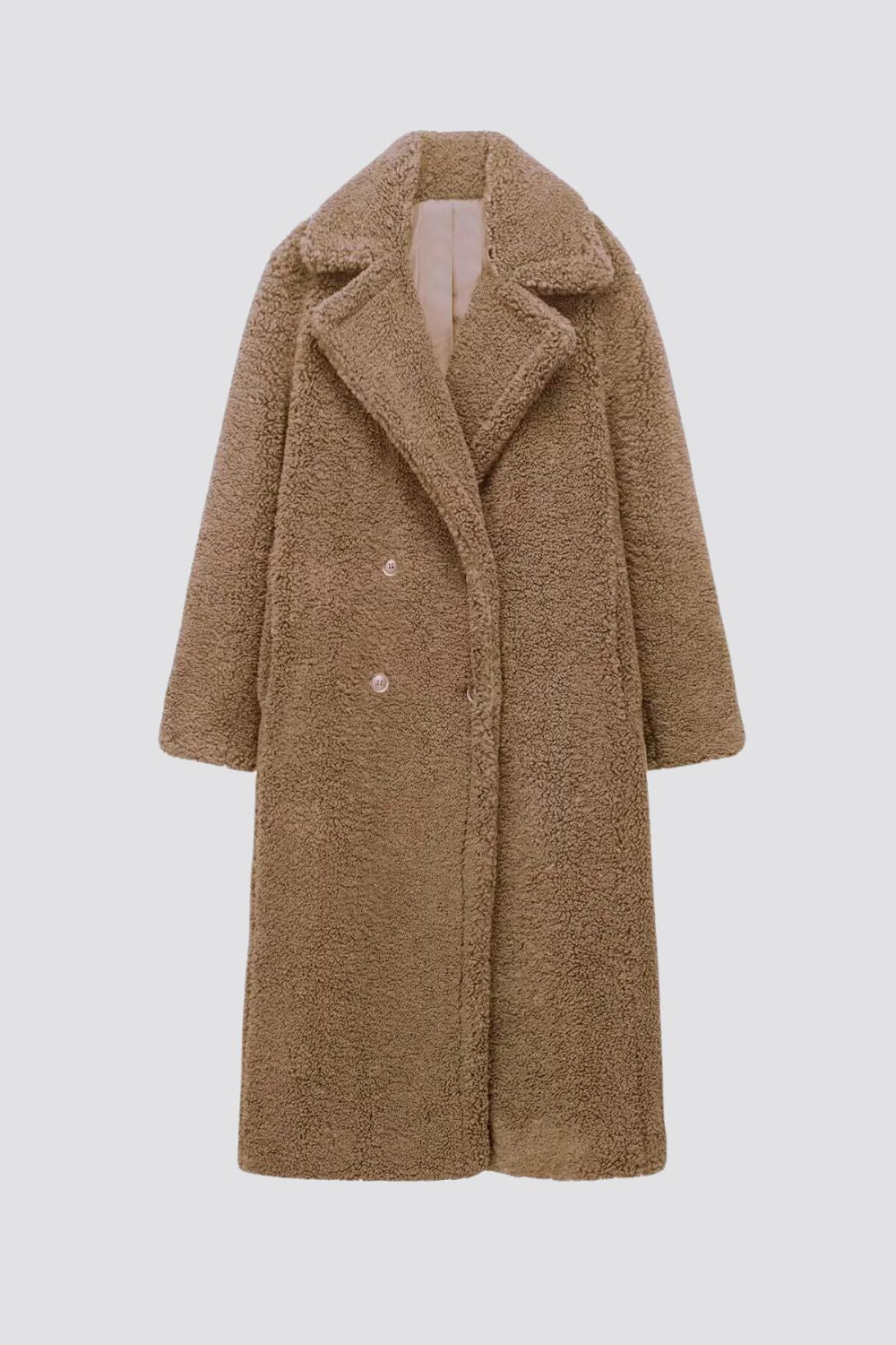 Women's Longline Teddy Coat with Wide Lapel and Double-Button Front - Brown