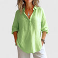 Women's Blouse Long Sleeve with Collar and V-Neck Button Placket - Green