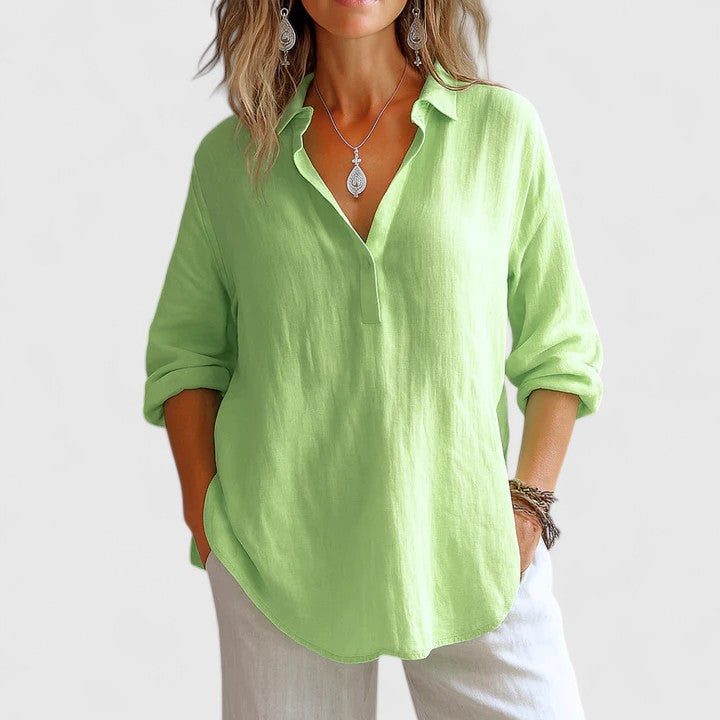 Women's Blouse Long Sleeve with Collar and V-Neck Button Placket - Green