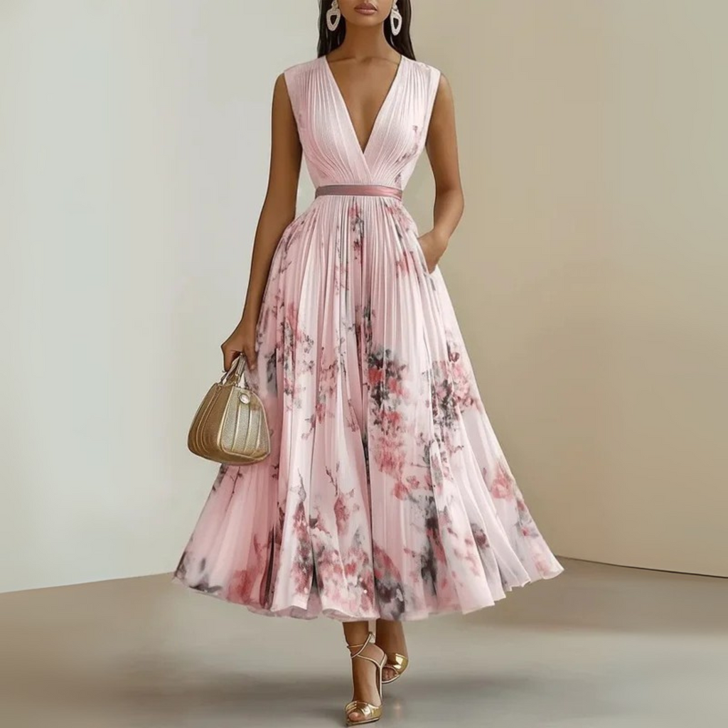 Women's Sleeveless Maxi Dress with V-Neck and Flowing A-Line Skirt - Pink