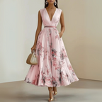 Women's Sleeveless Maxi Dress with V-Neck and Flowing A-Line Skirt - Pink