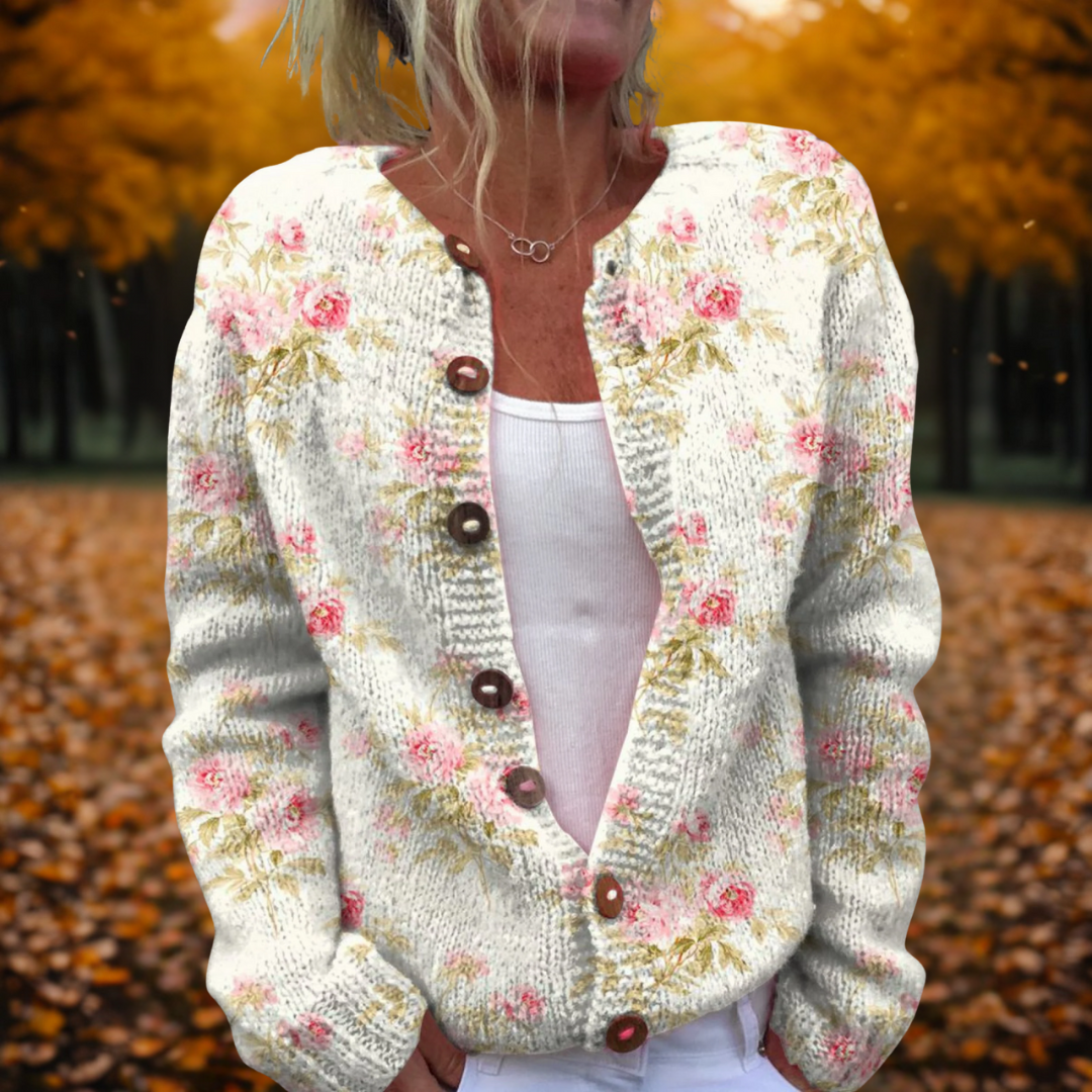 Women's Cardigan Floral Print Button-Front Knit - White