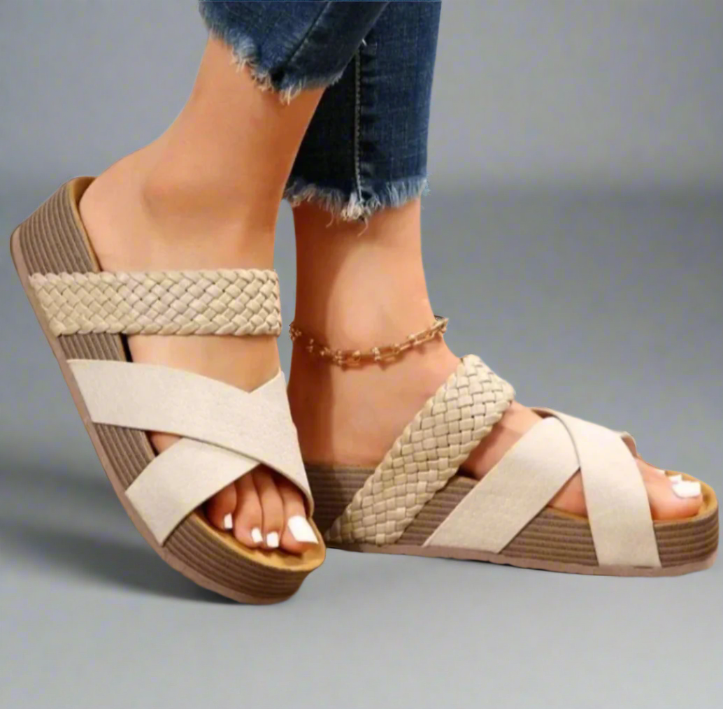 Women's Wedge Sandals with Woven Crossover Straps - White