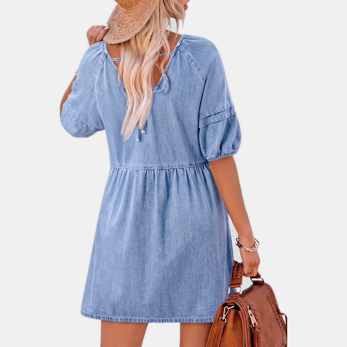 Women's Puff Sleeve Empire Waist V-Neck Mini Dress - 13