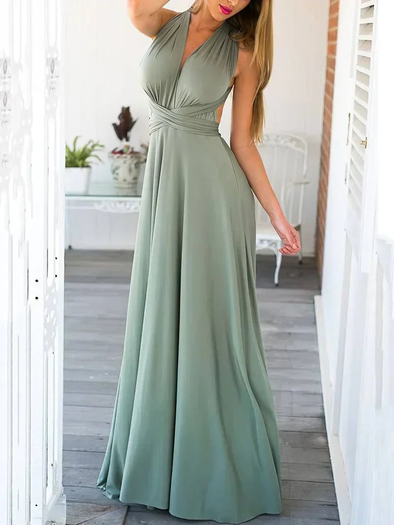 Women's Convertible Maxi Dress Multi-Way Wrap with A-Line Skirt - Green