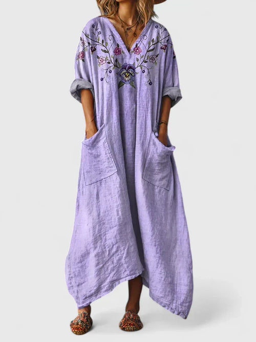 Women's Maxi Dress Relaxed Boho Fit with V-Neck and Deep Pockets - Purple