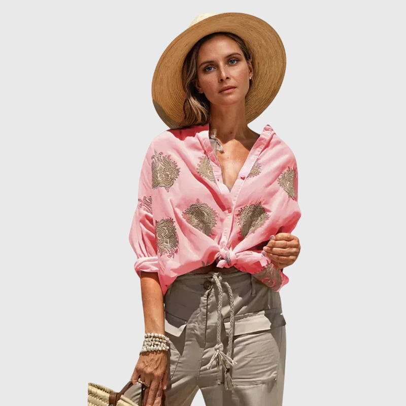 Women's Blouse Long Sleeve with Button Front and Printed Design - Red
