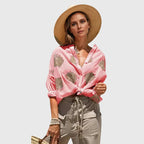 Women's Blouse Long Sleeve with Button Front and Printed Design - Red