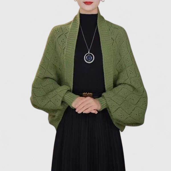 Women's Open-Front Cardigan with Balloon Sleeves - Green