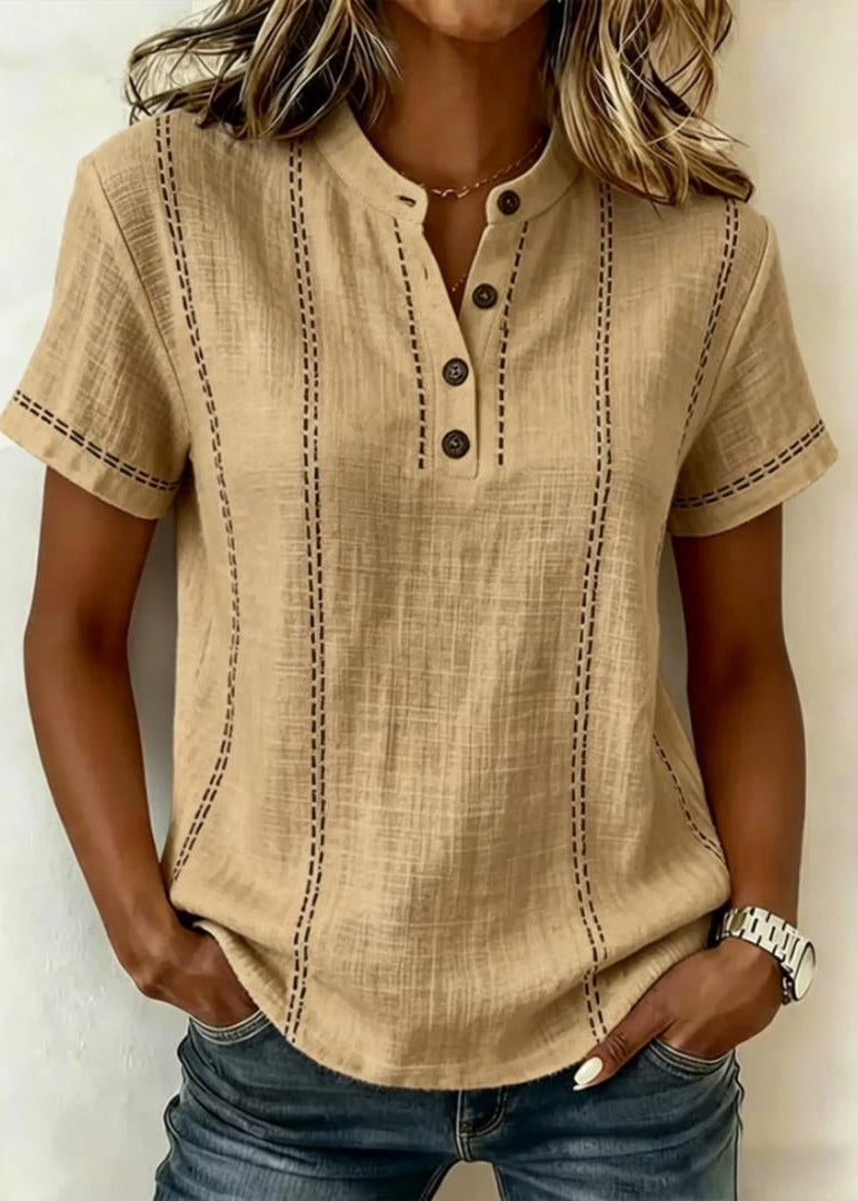Women's Short Sleeve Blouse with Mandarin Collar and V-Neck Button Front - Khaki