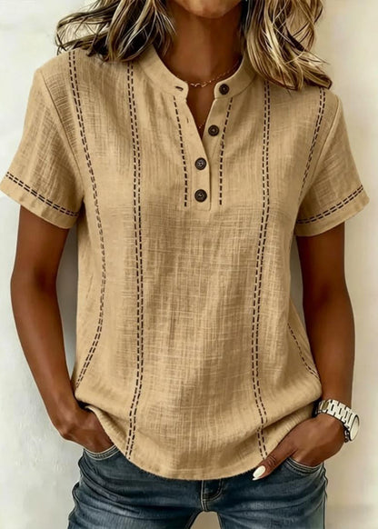 Women's Short Sleeve Blouse with Mandarin Collar and V-Neck Button Front