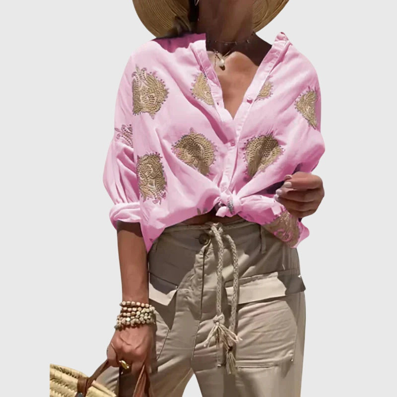 Women's Blouse Long Sleeve with Button Front and Printed Design - Pink