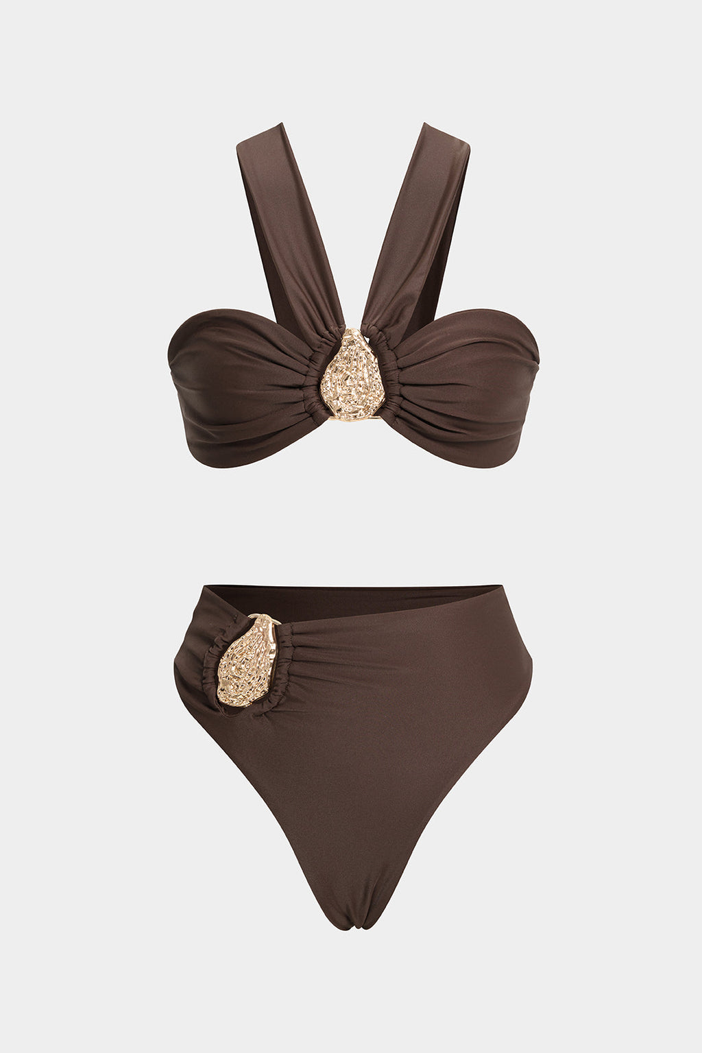 Bikini Set with Ruched Detail and Metallic Accent - Brown
