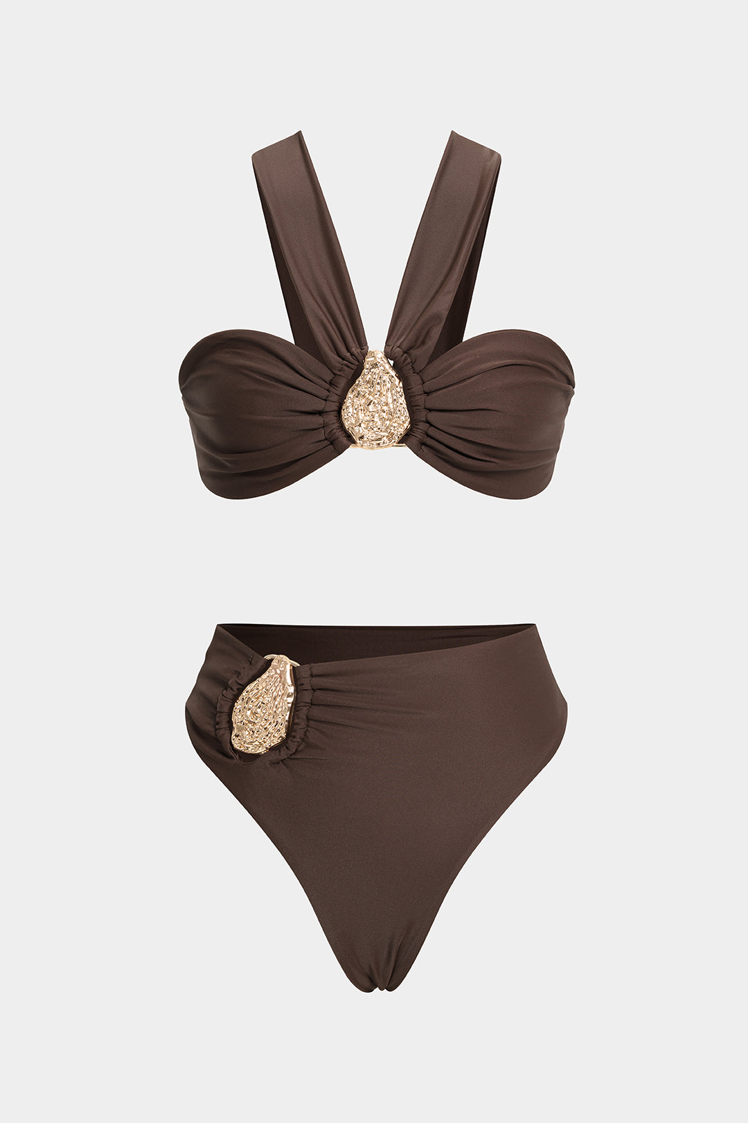 Bikini Set with Ruched Detail and Metallic Accent - Brown