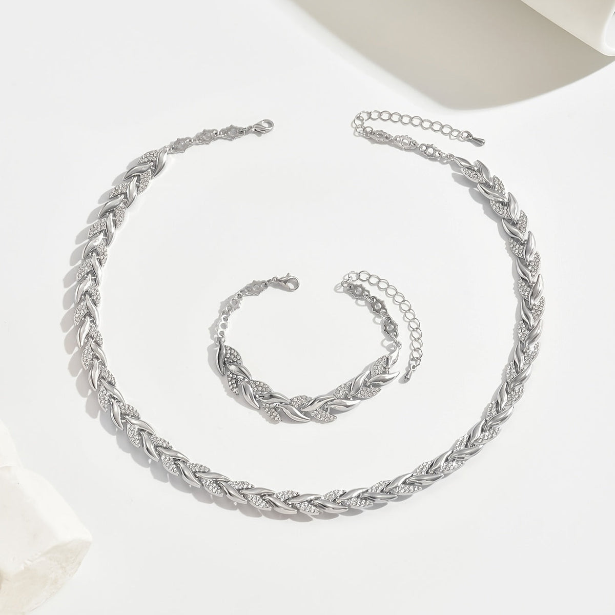 Women's Diamante Necklace and Bracelet Set with Leaf Link Design - 13