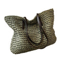 Women's Woven Tote Bag with Faux Leather Straps - Green